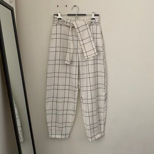 Zara black and white plaid tie waist trousers
